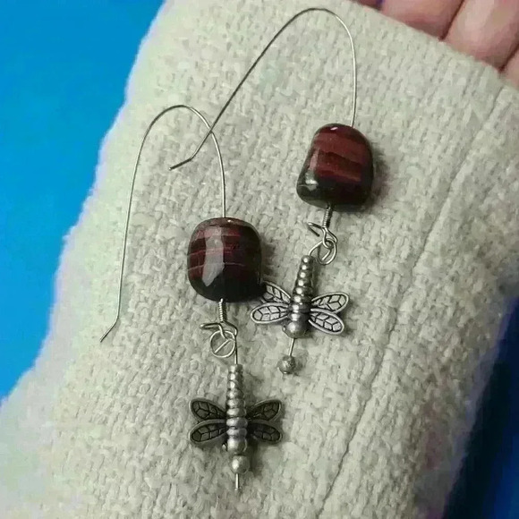 Vintage southwestern gemstone silver tone dragonfly earrings - Picture 8 of 11